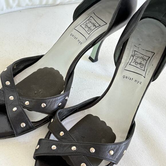 Cynthia Rowley Peep Toe Stud Heels 7.5 Black Leather Glam Academia Prep 90s Y2k - Picture 5 of 6